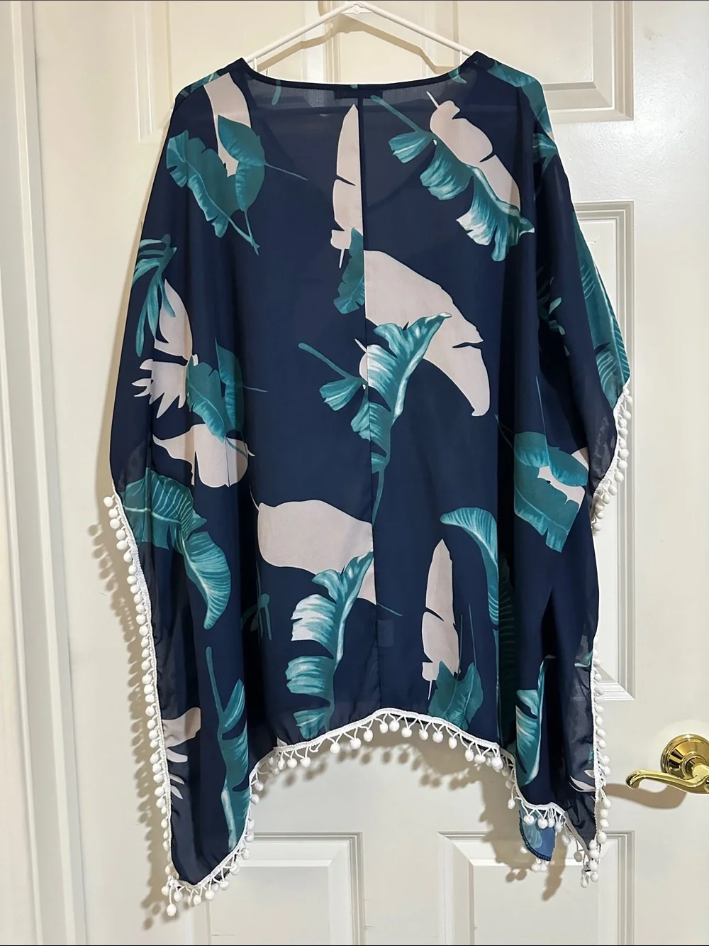 ADREAMLY Tropical Leaf Pom Pom Kimono Cover Up, Navy & Teal, Boho Beach